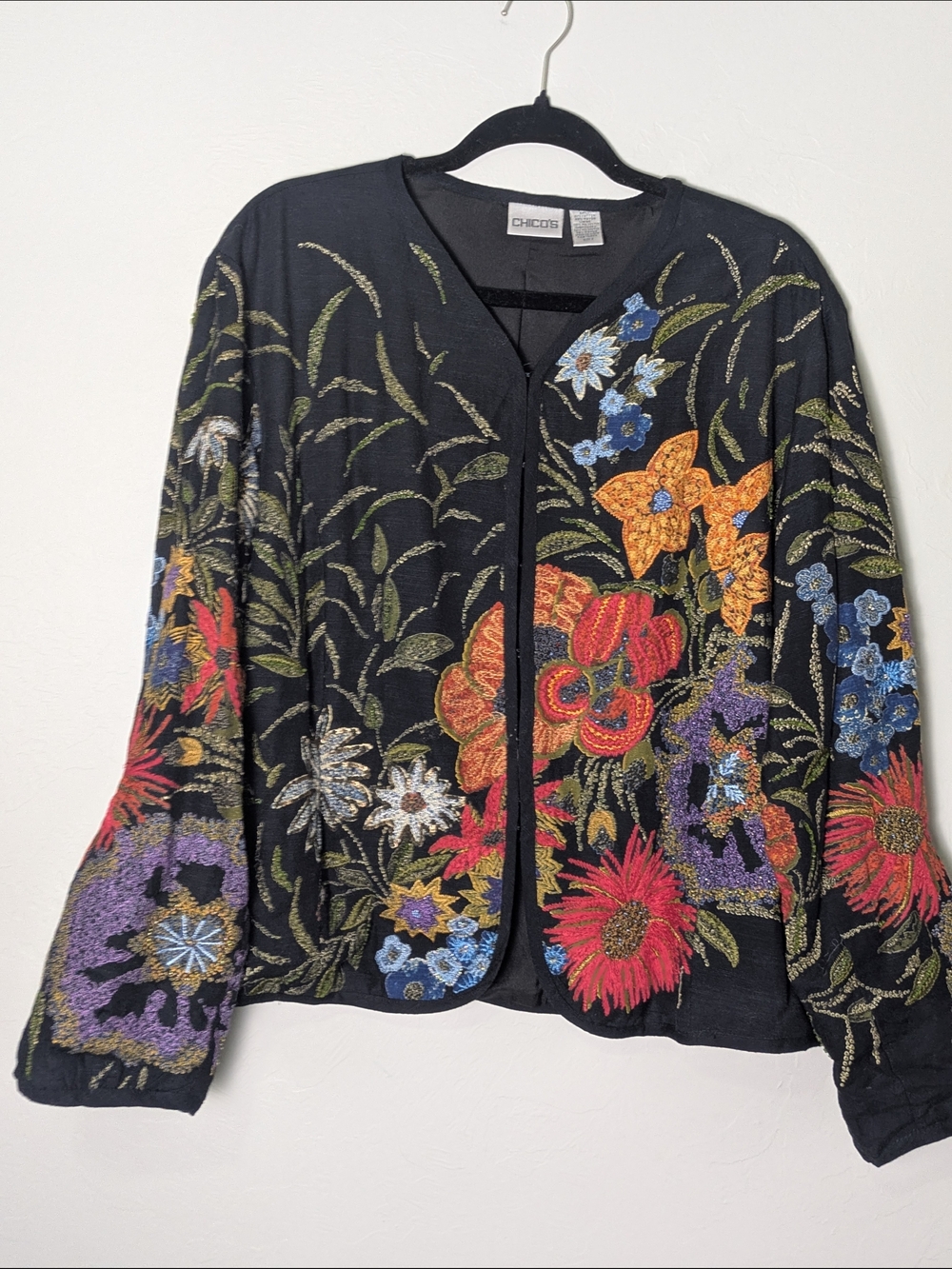 Chico's Black Floral Embroidered Open-Front Beaded Jacket S:2 L/12 Y2k Folk 90's